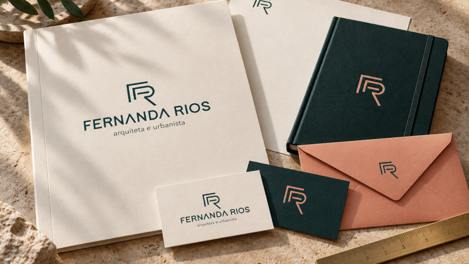 Architectural stationery in ivory, petrol, and salmon